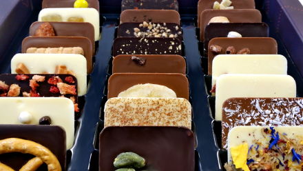 Eine Schachtel mit verschiedenen rechteckigen Schokoladenstücken, die jeweils mit unterschiedlichen Toppings wie Nüssen, getrockneten Früchten, Streuseln, Keksstücken und Blüten verziert sind.