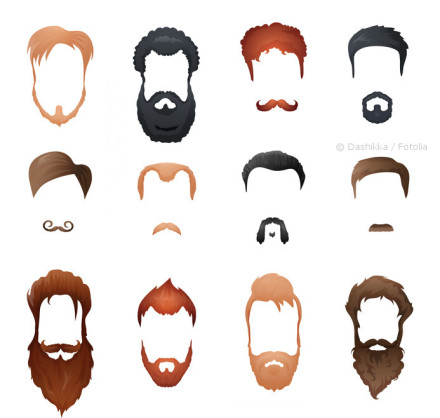 Eine Sammlung von verschiedenen stilisierten Frisuren und Bärten. Die Frisuren und Bärte haben unterschiedliche Farben und Stile, einschließlich glatter, lockiger und spitzer Haare sowie Vollbärte, Schnurrbärte und Koteletten.