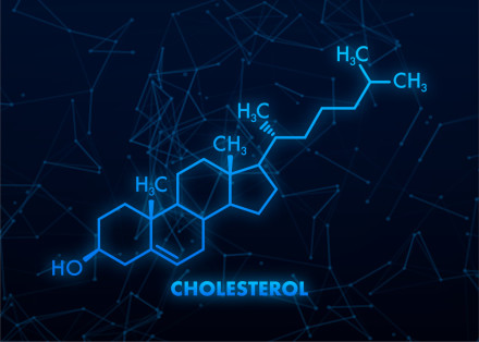 Die Chemische Formel von Cholesterin, leuchtend blau auf schwarzem Hintergrund.