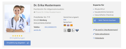 Beispiel-Ansicht eines in einem ärzte.de-Profil hinzugefügten Buttons mit Link zur Online-Terminbuchungsfunktion.