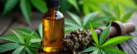 Medizinisches Cannabisöl in einer Glasflasche neben Cannabisblüten und grünen Hanfblättern. Ein Symbolbild für Cannabistherapie, evidenzbasierte Medizin und alternative Behandlungsmöglichkeiten in Deutschland.