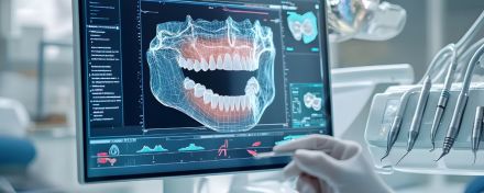 3D-Darstellung eines Kiefers auf einem Computermonitor bei der digitalen Planung eines Zahnimplantats in einer Zahnarztpraxis.