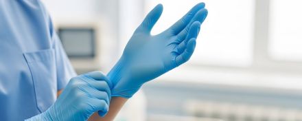 Eine Person zieht medizinische Einmalhandschuhe an.