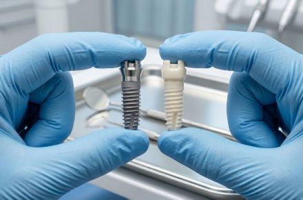Eine Person hält in der linken Hand ein Titanimplantat und in der rechten Hand ein Keramikimplantat. 