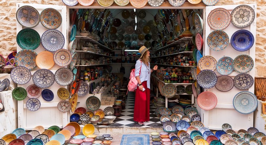 A typical market in Marrakech selling colorful wares.