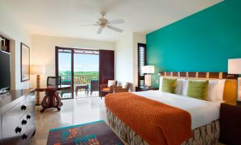 a bedroom with a large bed in a hotel room