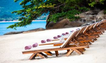 a wooden bench sitting in the sand