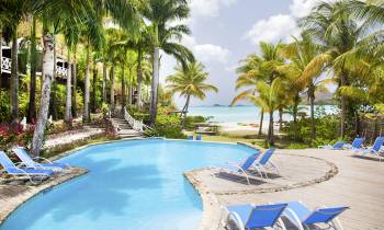 a beach with palm trees and a pool of water