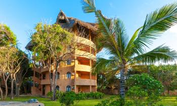 a palm tree in front of a building