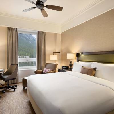 a bedroom with a bed and desk in a hotel room