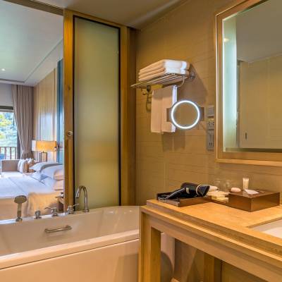a double sink and large mirror