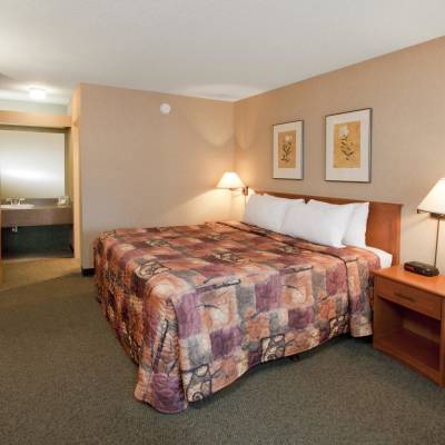 a bedroom with a bed and desk in a small room