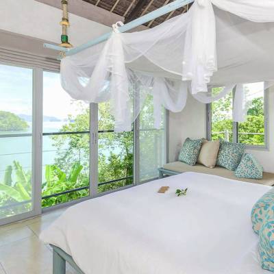 a bedroom with a large window