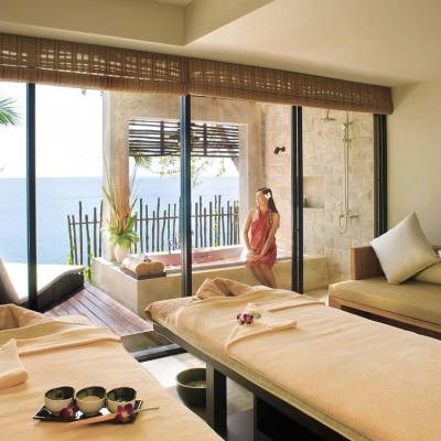 a hotel room with a large window