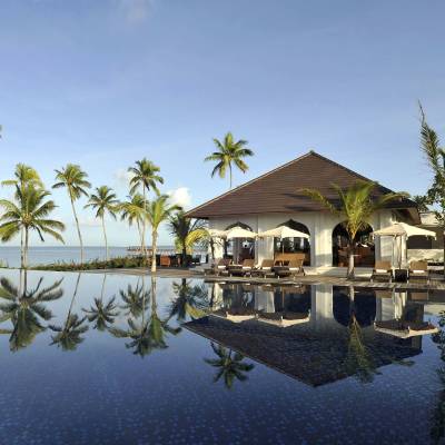a body of water surrounded by palm trees