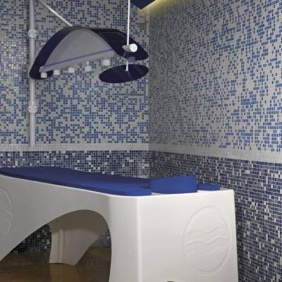 a blue and white tiled floor