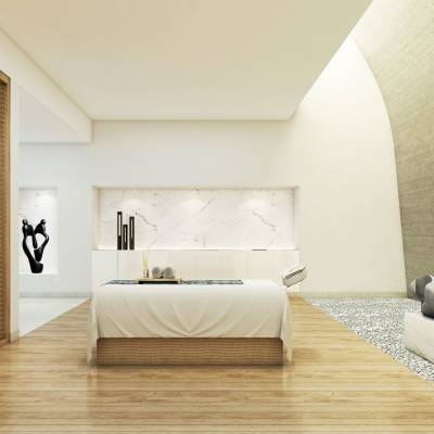 a bedroom with a bed and a mirror