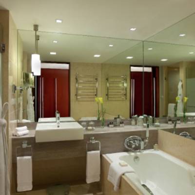 a double sink and large mirror