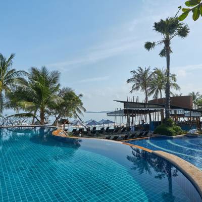 a group of palm trees next to a pool of water