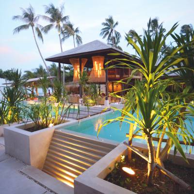 a pool next to a palm tree