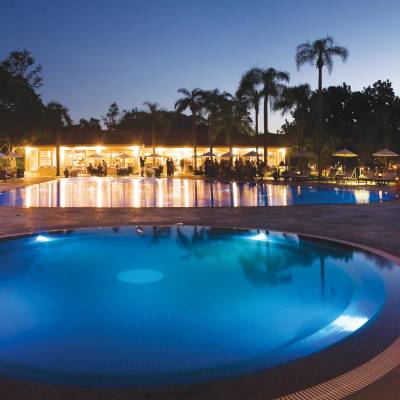 a pool next to a building