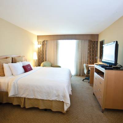 a bedroom with a bed and desk in a hotel room