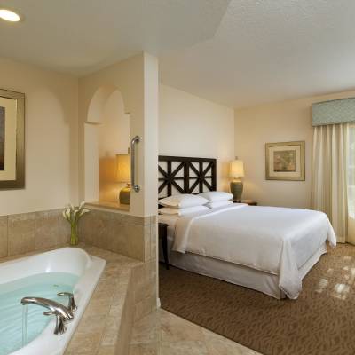 a hotel room with a bed and a mirror