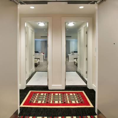 a room with a large mirror