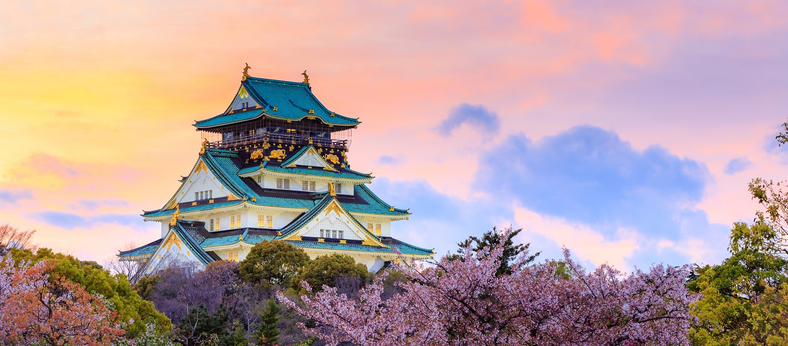Enchanting Travels Japan Tours Twilight at Osaka castle during Cherry blossoms season in Osaka, Japan Enchanting Travels Japan Tours Twilight at Osaka castle during Cherry blossoms season in Osaka, Japan