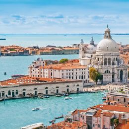 Panoramic aerial cityscape of Venice with Santa Maria della Salute church, Veneto, Italy