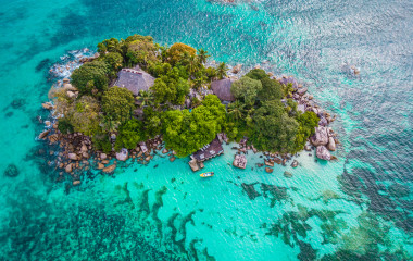 Praslin tropical island Seychelles, drone view above st piere island Seychelles