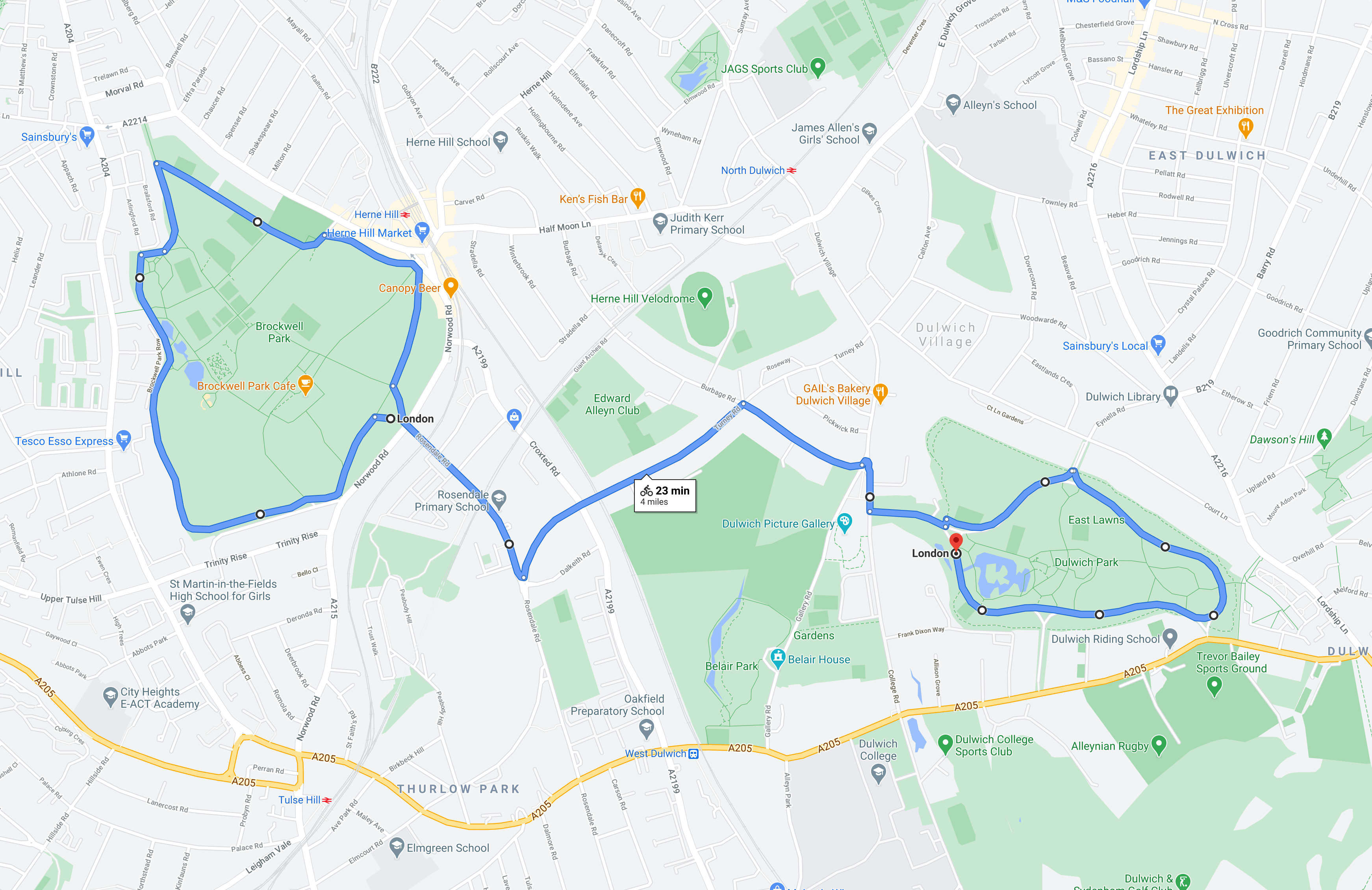Dulwich Park and Brockwell Park cycle route