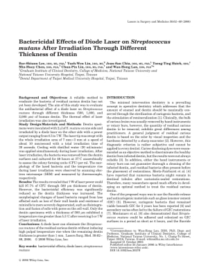 Bactericidal effects of diode laser on streptococcus mutans after irradiation through different thickness of dentin kgt3cc - Eugenol