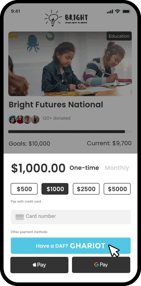 A mobile phone with Chariot's user interface on the screen. A user selects their DAF provider, gives login credentials, and completes the donation.