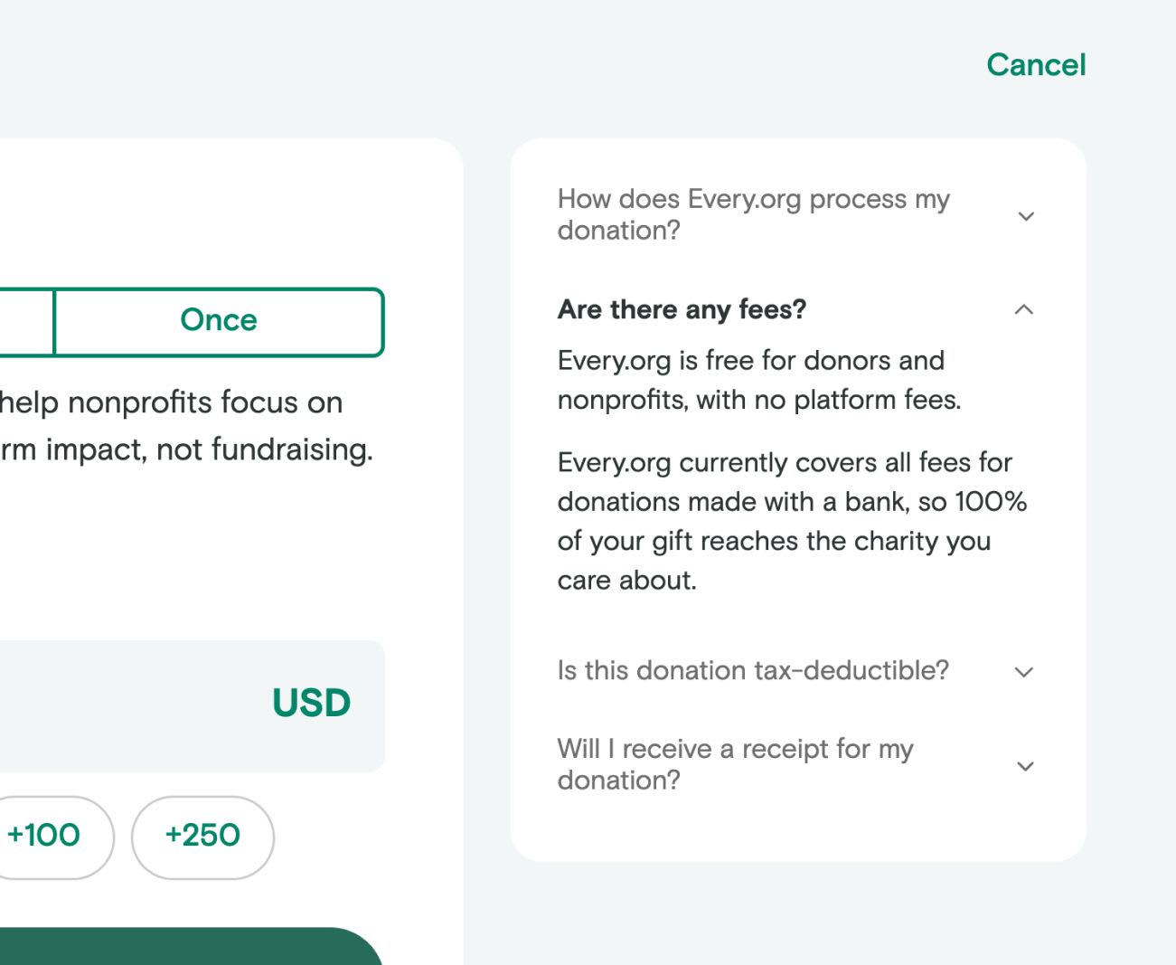 A closeup of the FAQ section of the new donation flow. One of the questions has been expanded to reveal the answer.