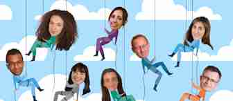 A playful illustration depicts six cartoon climbers scaling ropes attached to clouds, each with a real person's face superimposed. The background is a light blue sky with various white clouds, creating a fun and whimsical scene.