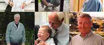 A collage of six images: an elderly woman in a white outfit stands near a ship, a man squats while cleaning a window, an elderly woman with short hair smiles with a curtain backdrop, a man in a gray jacket stands in a forest, a man holds a laughing baby, and a man in a collared shirt stands by a marina.