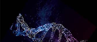 A digital illustration of a DNA double helix strand on a dark background. The helix is composed of glowing, colorful particles, with the left side predominantly blue and the right side transforming into pink and purple hues, creating an abstract, high-tech feel.