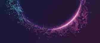 A digital, abstract circular shape formed by small, fragmented particles in shades of blue and purple against a dark background. The particles originate from opposite sides of the circle and create a sense of motion and energy as they converge to form the shape.