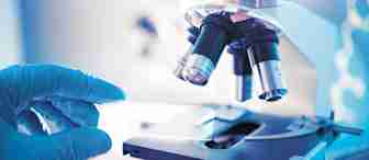 A close-up image shows a person wearing blue gloves positioning a glass slide under the lenses of a microscope in a laboratory setting. The scene is brightly lit, and the microscope's intricate details are in sharp focus, highlighting scientific research.