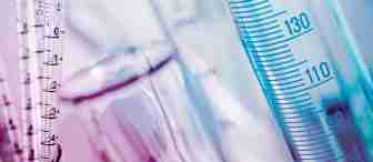Close-up of various measurement instruments used in a laboratory setting. The image features clear cylindrical tubes marked with measurement scales in milliliters. The colors are predominantly shades of blue and pink, giving the scene a vibrant hue.