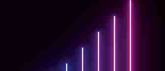 A series of vertical neon lights that increase in height from left to right. The lights, glowing in blue and pink hues, reflect off a glossy, dark surface, creating an ethereal and futuristic atmosphere against a black background.