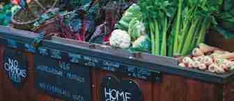 A market stall displays a variety of fresh vegetables, including leafy greens, cauliflower, celery, and parsnips. Chalkboard signs state "Home Grown Produce" and "No Chemicals Used." Various fruits and vegetables are neatly arranged in the background.