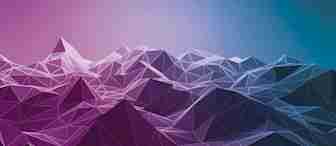 A vibrant digital art piece depicts a polygonal landscape with sharp, geometric mountain shapes. The scene is colored in shades of purple, pink, and blue, giving it a surreal, futuristic appearance against a gradient sky transitioning from purple to turquoise.