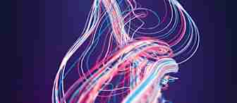 Abstract digital art featuring colorful, flowing lines of blue, pink, and white against a dark background. The lines twist and intertwine, creating a dynamic, fluid motion that conveys a sense of energy and movement.