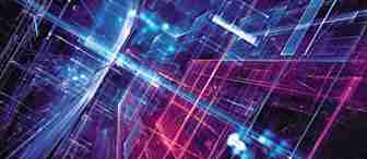 A digital abstract image featuring a complex array of intersecting lines, resembling a futuristic cityscape or data network. The image is dominated by hues of blue and pink, creating a dynamic and vibrant visual effect with a sense of depth and motion.