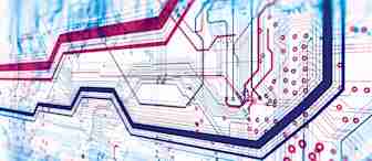 Close-up image of a complex circuit board with interwoven lines of red, blue, and purple colors, representing connections and pathways of an electronic system. The background is predominantly white, highlighting the intricate details of the circuitry.