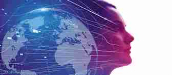 Double exposure image depicting a woman's profile on the right side merged with a digital blue world map on the left side, overlaid with lines and dots representing global connectivity and technology. The background transitions from dark blue to white.