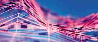 A digital abstract image featuring a dynamic landscape of interconnected lines and geometric shapes in neon pink and purple hues, set against a blue background. The image evokes a futuristic, tech-inspired aesthetic.