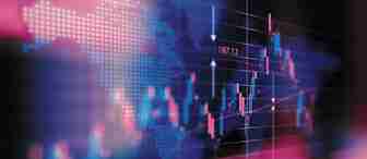 A vibrant digital graphic featuring a world map overlayed with candlestick charts and data points. The map is depicted with a blue and pink color scheme, and arrows indicate various stock prices and trends, set against a blurred, futuristic background.